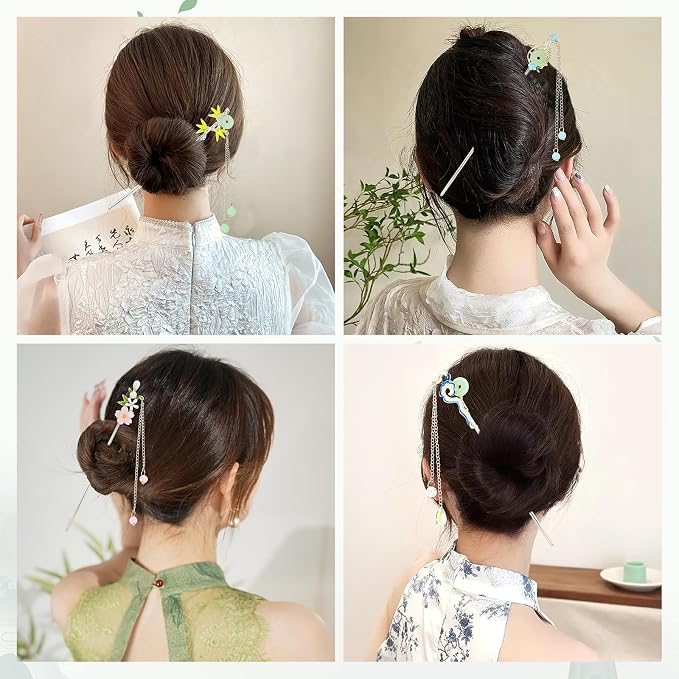 inSowni 8 Pieces Retro Asian Chinese Traditional Hanfu Gold Metal Artificial Jade Bamboo Flower Butterfly Hair Pins with Pearl Bead Pendants Long Hair Sticks Forks Bun Updo Hairpins for Women Girls