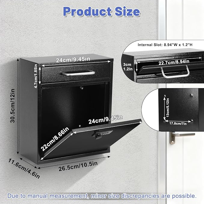 KYODOLED Wall Mount Mailbox for Outside, Combination Lock, Large, Black | Sturdy Steel, Anti-theft Large Drop Box, Ideal for Home, Office, School Daily Mail/Key/Cash Storage, 12H" x 10.5L" x 4.6W"