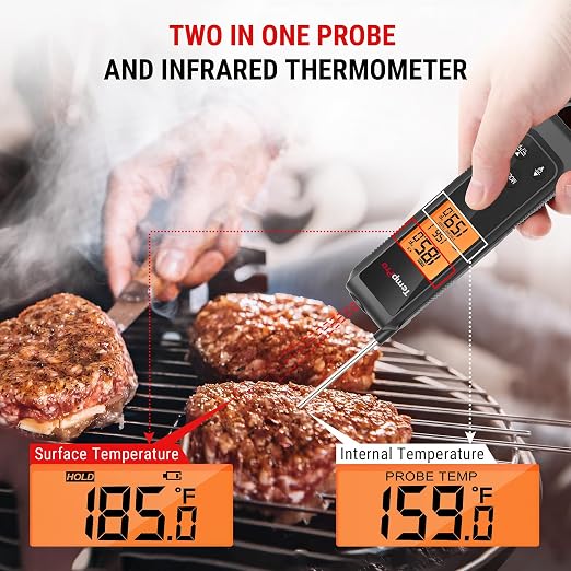TempPro TempScan 2-in-1 Infrared Thermometer Gun with Meat Probe, Black | Instant Read Thermometer for Grilling, Non-Contact Infrared Thermometer for Cooking Pizza Oven Griddle HVAC Pool AC Vent