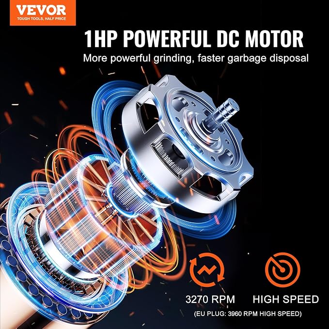 VEVOR Garbage Disposal, 1HP 3270RPM DC Motor, Continuous Feed Food Waste Sink Disposer, EZ Connect Food Waste Grinding System with Sound Reduction, Power Cord and Splash Guard, for Kitchen