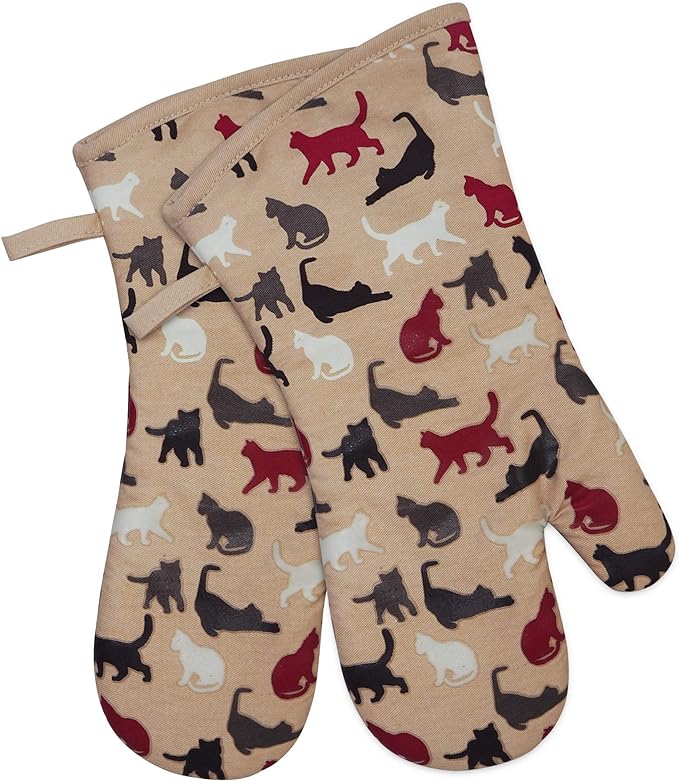 Oven Mitts Gloves 1 Pair Heat Resistant 480 ℉ Non Slip Clear Silicone Printed Comfortable Cotton Lining Kitchen Women Men Cooking Barbecue Microwave Machine Washable (Cat, Khaki Mittens)