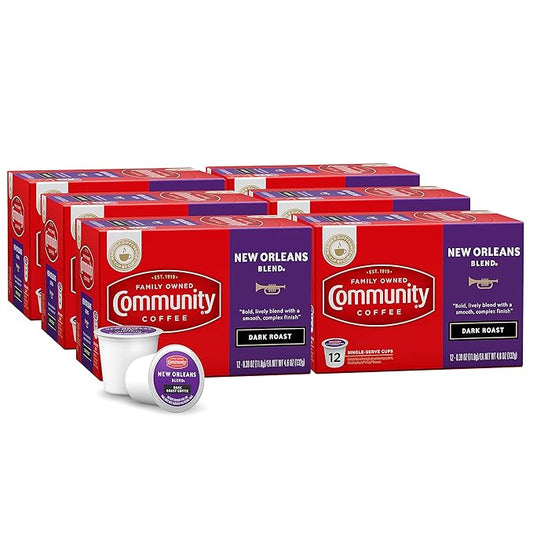 Community Coffee New Orleans Blend 72 Count Coffee Pods, Special Dark Roast, Compatible with Keurig 2.0 K-Cup Brewers, 12 Count (Pack of 6)