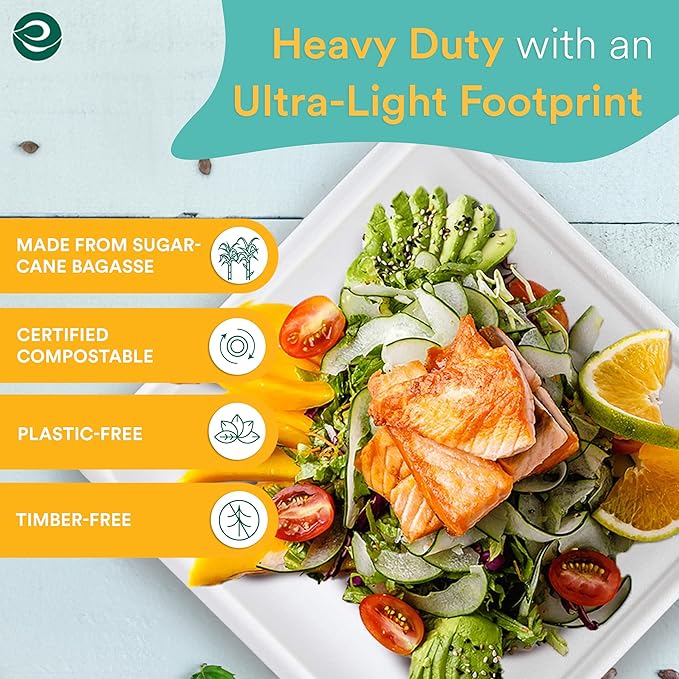 ECO SOUL Compostable Paper Plates 10 Inch (200 Count) Heavy Duty Disposable Dessert Plates, Eco-Friendly Sugarcane Bagasse Small Plates For Appetizer- White