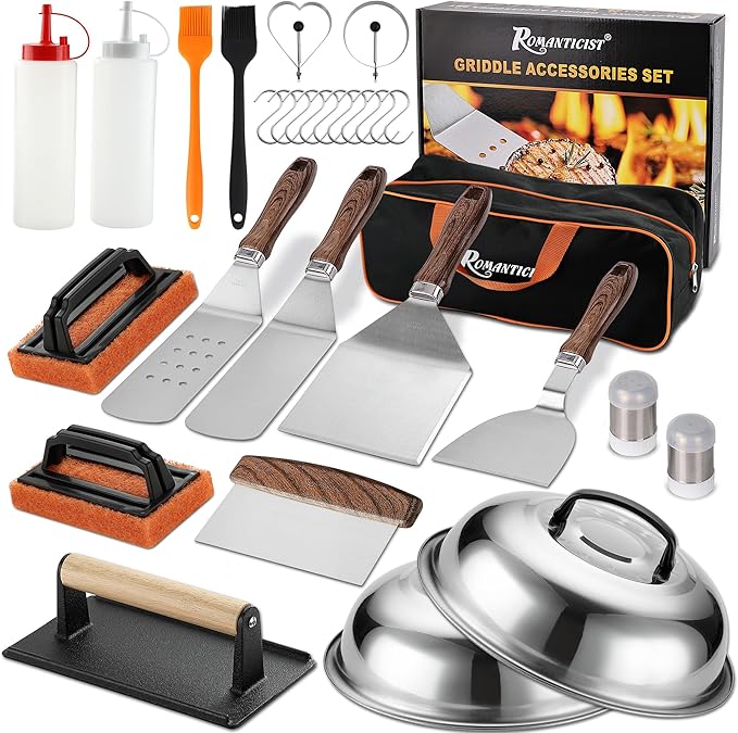 ROMANTICIST 29PCS Griddle Accessories Set - Flat Top Teppanyaki Spatula Set with Scraper, Basting Cover for Camp Chef- Home Cooking Griddle and Outdoor BBQ Gifts for Father's Day