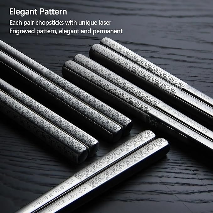 IQCWOOD Laser Engraved 18/8 Stainless Steel Chopsticks, 5 Pairs Reusable Dishwasher Safe Metal Chopsticks, Non-Slip Square Japanese Korean Style Chop Sticks for Cooking Eating, 9 1/4 Inches Gift Set