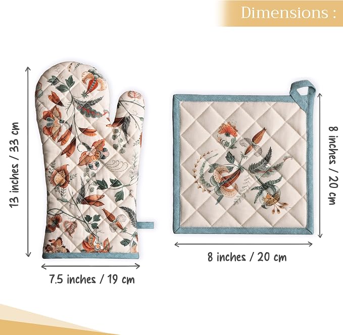 Maison d' Hermine 100% Cotton Oven Mitt & Pot Holder Set (7.5"x13" & 8"x8") | Heat Resistant BBQ Cooking Gloves with Loop Baking Grilling Kitchen Hotel Home Farmhouse Thanksgiving Christmas - Dalida