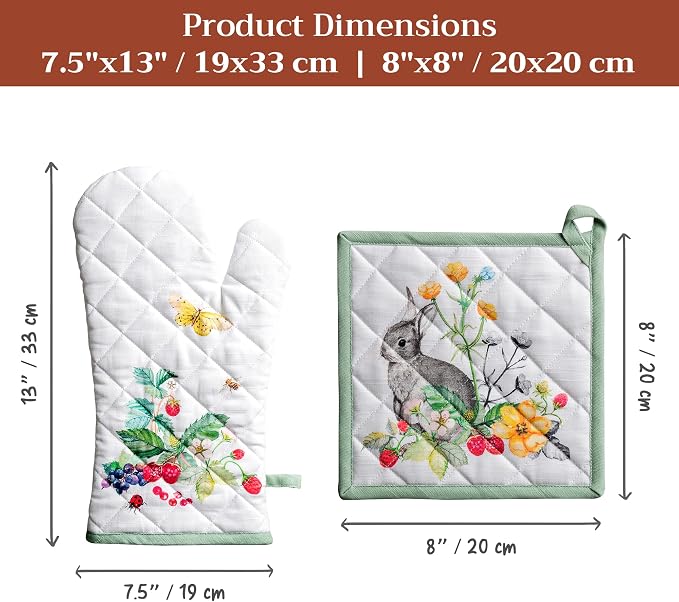 Maison d' Hermine 100% Cotton Oven Mitt & Pot Holder Set (7.5"x13" & 8"x8") | Heat Resistant BBQ Cooking Gloves with Loop Baking Grilling Kitchen Hotel Home Farmhouse Spring Summer - Printemps