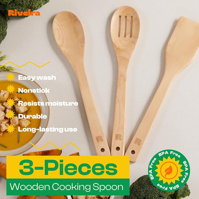 Riveira Maple Wooden Spoons for Cooking Set of 3 – Natural Maple Wooden Cooking Utensils, Wooden Spatula, Wooden Spoon - Premium Quality Utensil Set for Non-Toxic Cooking