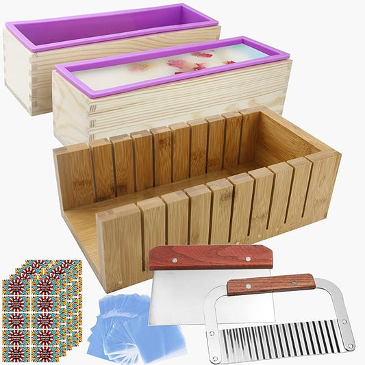 2 PCS Silicone soap molds Making Kit soap loaf bar Making molds (44oz Purple Pink Silicone) for Adults - Stainless Steel Wavy & Straight Slicer - 50 Shrink Bags and Labels