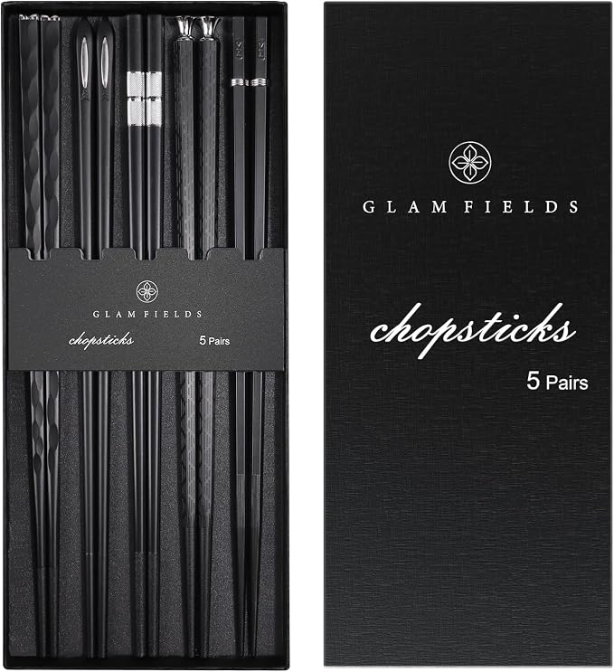 GLAMFIELDS 5 Pairs Premium Chopsticks Reusable Dishwasher Safe 9.5 Inch Fiberglass Chop Sticks Gift Set Non Slip Black + Silver
