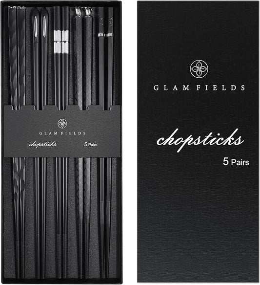 GLAMFIELDS 5 Pairs Premium Chopsticks Reusable Dishwasher Safe 9.5 Inch Fiberglass Chop Sticks Gift Set Non Slip Black + Silver