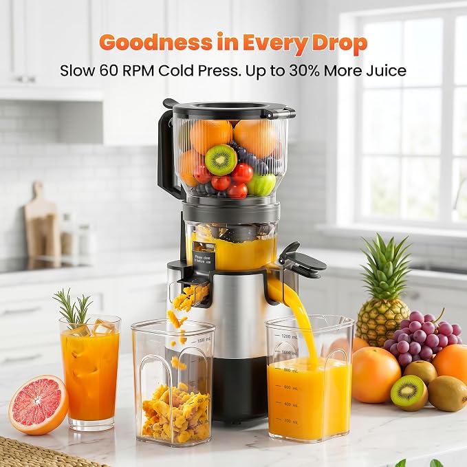 TECHRISE Cold Press Juicer – 6" Wide Chute Fits Whole Fruits & Veggies, Slow Juicer with Ice Cream Maker, 300W Motor, Easy Cleanup, Blade-Free Safety – Bring the Goodness Home for Your Family