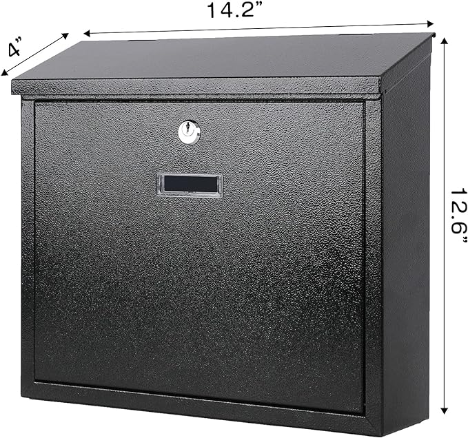 xydled Mail Boxes with Key Lock,Locking Mailbox Wall Mounted,Security Mailbox with Lock and Key,Large Capacity,Steel Cover Metal Postbox for House,14.2X 4X 12.6 Inch, Black