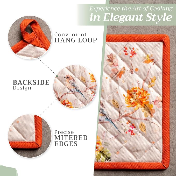 Maison d' Hermine Pot Holders 100% Cotton Potholders (8" x 8", Pack of 2) | Heat Resistant Hot Pads with Loop BBQ Cooking Baking Hotel Kitchen Handling Hot Pans Thanksgiving Christmas - Kelim - Prairie
