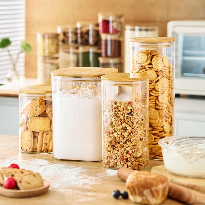 Extra Large Square Glass Flour & Sugar Storage Containers with Airtight Lids, 168oz & 84oz - 2 Pack Glass Jars with Bamboo Lids, Air tight Pantry Food Storage Containers for Cereal, Pasta, Rice