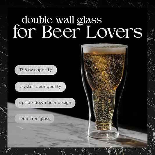 Dragon Glassware Upside Down Beer Glasses, 13.5 oz Set of 2 - Clear | Double Wall Insulated Beer Glass Set of 2; Upside Down Design; Holds One Full Bottle; Freezer Safe