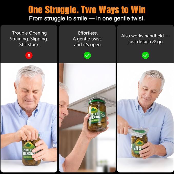 Uinxan Jar Opener-Handheld & Cabinet Mounted with Bracket for Weak Hands | Effortless Opening for Screw Lids, Bottle Caps & Odd-Shaped Tops, Patented, Magnetic Storage, 304 Stainless Steel (Black)