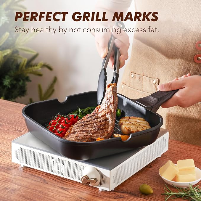 SENSARTE Nonstick Grill Pan with Lid, Grill Pan for Stove Tops, Versatile Griddle with Pour Spouts, Square Big Cooking Surface, Durable Skillet Indoor & Outdoor Grilling. PFOA Free, 9.5 Inch