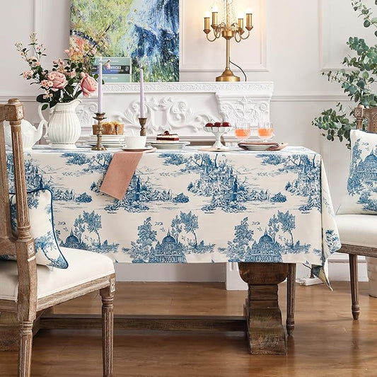 patdrea Designer Vintage Cyan Long Tablecloth for Rectangle Table,Linen Ancient Castle and Manor Pattern Tablecloths,Table Cover Decor for Kitchen Dining Christmas,Thanksgiving,63"x94"-Lucerne a
