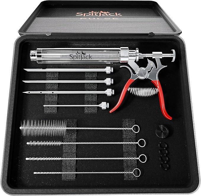 PULSE Meat Injector Gun, BBQ Meat Marinade Injector Kit for Brisket, Pork Shoulder, and Chicken, 50ml with 4 Stainless Steel Needles, Case and Guide