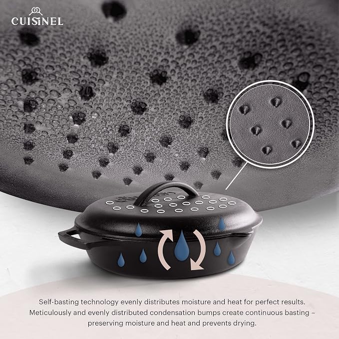 Cuisinel Cast Iron Skillet + Cast Iron Lid Set - 10+12"-Inch Dual Handle Frying Pans + Pan Scraper + Silicone Handle Covers - Preseasoned Indoor/Outdoor, Grill, Stovetop, Induction, Oven Cookware