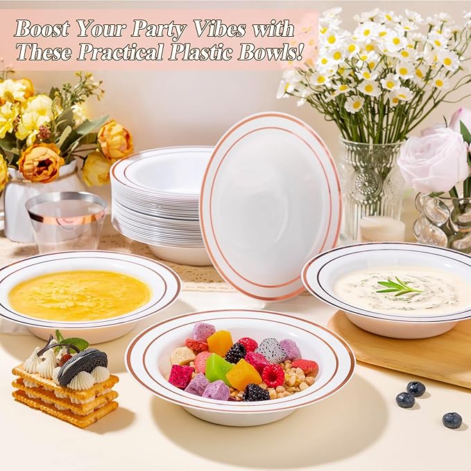 50 Pack Disposable Soup Bowls with Rose Gold Rim, 12oz Premium Heavy Duty Plastic Dinner Bowls for Party, Wedding and Holiday