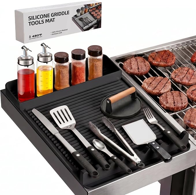 Silicone Grill Mat for Blackstone Griddles & Outdoor Grills - Heat Resistant (450°F) Countertop Protector, Non-Slip Tool Organizer & Grease Catcher, 16x11.5 Inch(Black)