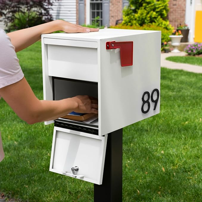Adoorn Lockable Post Mount Mailboxes for Outside - Large Anti-Theft Locking Mailbox for Packages and Letters - Weatherproof Construction - Durable Steel - 15.5" H x 12" W x 18.5" D - White