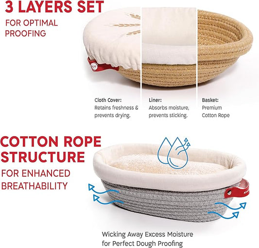 KneadAce Sourdough Starter Kit – 24oz Starter Jar, 2 Cotton Rope Banneton Proofing Baskets, Magnetic Bread Lame for Scoring – Gift for Bakers & Complete Sourdough Bread Baking Set
