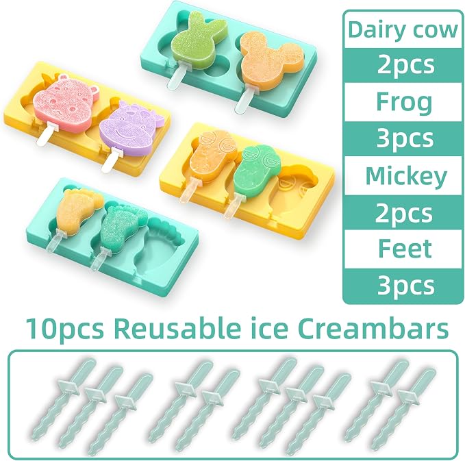 Kids Cartoon Popsicle Molds - 4 Pack, 10-Cavity Food-Grade Silicone Ice Pop Cream Molds, with Reusable Sticks, Non-Stick Flat Design, Easy Release, Stackable for Space Saving