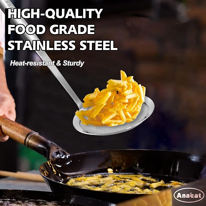 Anaeat 4.7" Stainless Steel Fat Skimmer Spoon - Professional Kitchen Fine Mesh Food Strainer and Hot Pot Skimmer with Long Handle for Skimming, Cooking, Frying, Grease, Gravy and Foam