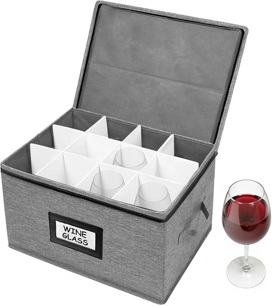 HURZMORO Wine Glass Storage Box, Holds 12 Stemware Glasses, Stackable Padded Glassware Organizer with Handles & Zipper, Oxford Fabric Case for Moving & Holiday Storage