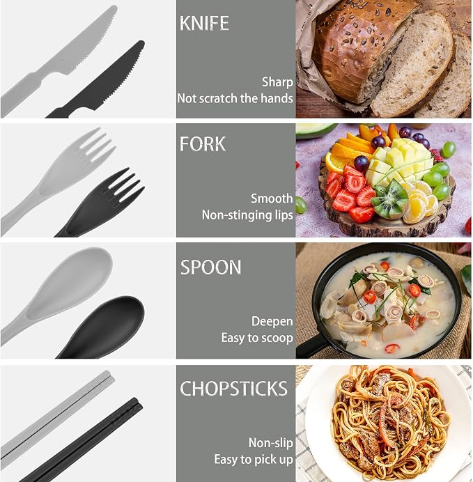 2 Sets Plastic Reusable Utensils Set with Case, Travel Chopsticks Fork Spoon Knife Set for Lunch Box, Portable Cutlery Sets for Travel Camping Daily Use (Black, Grey) | Plastic, Black and Grey, Chopsticks Fork Spoon Knife Set with Lunch Box, For Campin...