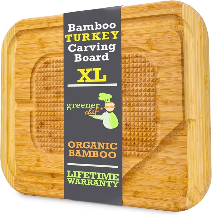 GREENER CHEF 18 Inch Extra Large Organic Turkey Carving Board with Lifetime Replacements - XL Wooden Butcher Block Meat Cutting Board with Pour Spout - Thanksgiving Cooking Essentials