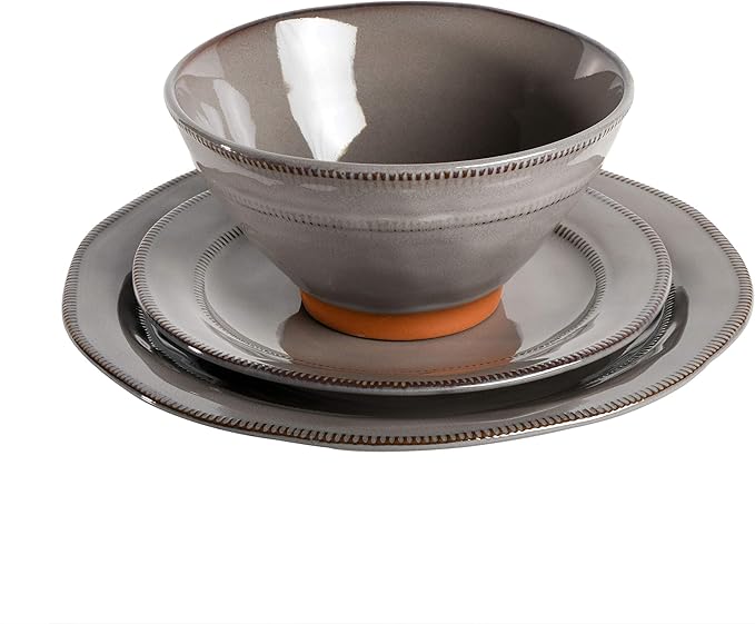 Gibson Elite Terranea Round Reactive Glaze Terra Cotta Dinnerware Set, Service for Four (12pcs), Grey