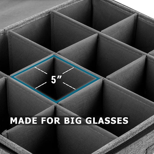 Hard Shell Goblets Storage Box with Dividers - 21"W x 15.5"D x 10"H - Stackable with Fully Padded Interior - Great for Cocktail and Wide Bar Glasses