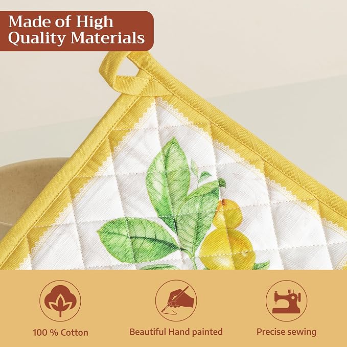 Maison d' Hermine Pot Holders 100% Cotton Potholders (8" x 8", Pack of 1) | Heat Resistant Hot Pads with Loop BBQ Cooking Baking Farmhouse Kitchen Handling Hot Pans Spring Summer - Limoncello