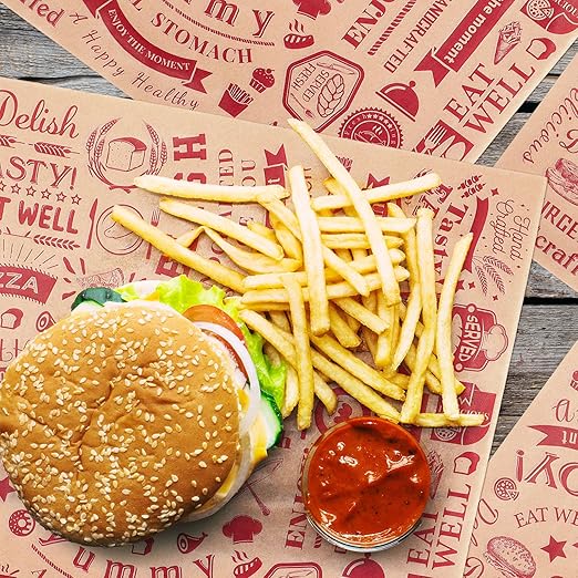 Outus 1000 Pcs 12 x 12 Inch Deli Wax Paper Sheets Grease Resistant Tray Basket Liners Newsprint Paper Water and Grease Proof Sandwich Wrapping Square Hot Dog Wrappers for Food Baking (Red on Brown)