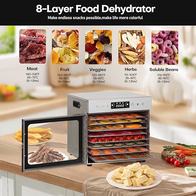 Panana Food Dehydrator for Jerky, Fruit, Meat, Beef, Herbs, 6/8/12/18-Tray Full Stainless Steel Dehydrator Machine, LED Display, Adjustable Timer, Temperature Control, Overheat Protection (8-Trays)
