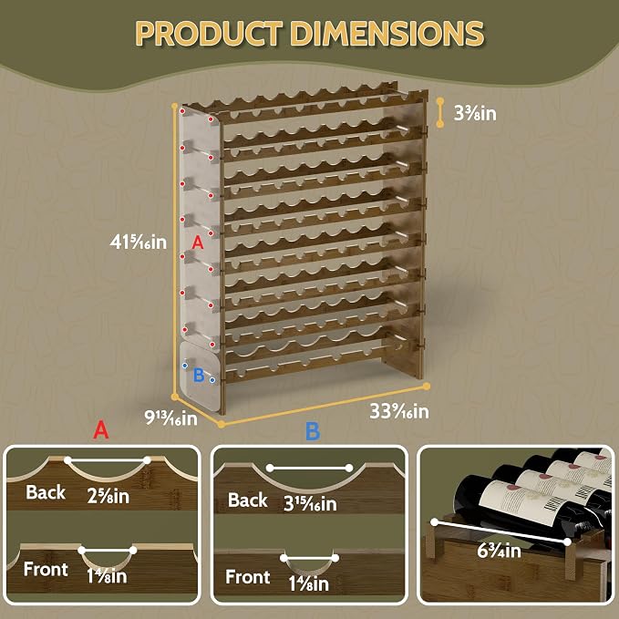 Bamboo Large Wine Rack, 8-Tier Freestanding Floor Bottle Storage Holder | 69-Bottle Storage | Wooden Wine Storage Organizer Shelves for Kitchen Bar, Cellar, & Dining Room | Walnut | Anti-Tip Kit