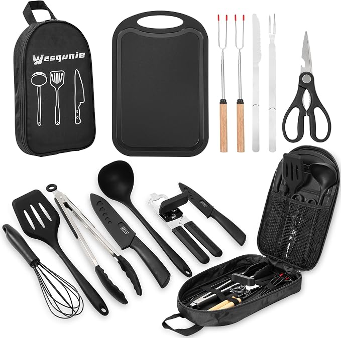 Wesqunie Camping Cooking Utensils Set, Cookware Set for Outdoor Hiking BBQ | Stainless Steel & Silicone Mess Kit, Durable Outdoor Kitchen Gear for Hiking, RV, Picnic Grill & Travel Camping Meal Prep