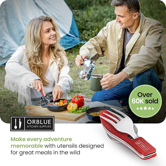 Orblue 4-in-1 Camping Utensils, 1-Pack, Portable Stainless Steel Spoon, Fork, Knife & Bottle Opener Combo Set - Travel, Backpacking Cutlery Multitool, Red