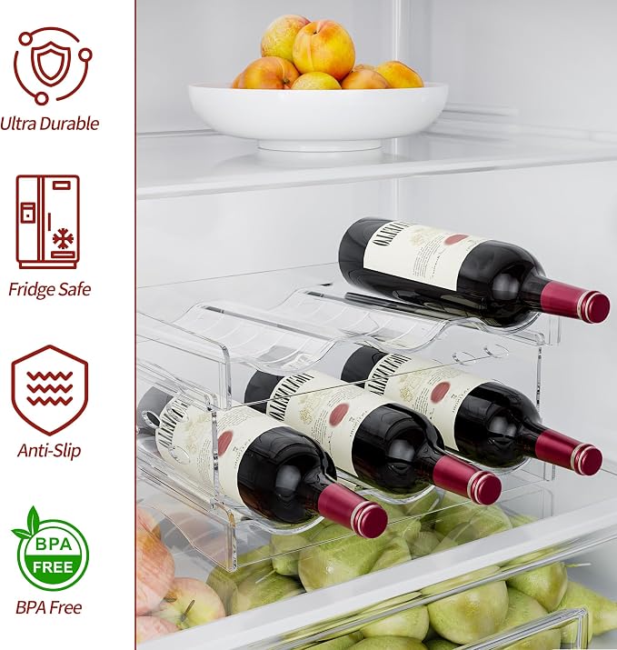 EZ COZY Wine Rack, 2 Tier Water Bottle Organizer for Cabinet (6 Bottles) | Clear Freestanding Wine Bottle Holder for Cabinet, Fridge, Pantry, Wine Rack for Inside Cabinet, Refrigerator, Countertop