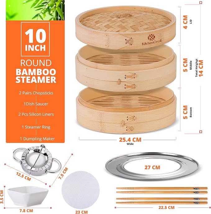 KITCHENCRUST Bamboo Steamer Basket for Chinese Asian Cuisine - 2 Tier 10-Inch Steaming Basket Bun Vegetable Steam, Dumpling Steamer bamboo steam basket, Sauce Dish, Chopsticks, Reusable Liners, Ring