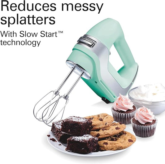 Hamilton Beach Professional 5-Speed Electric Hand Mixer with Snap-On Storage Case, QuickBurst, Stainless Steel Twisted Wire Beaters and Whisk, Mint (62658)