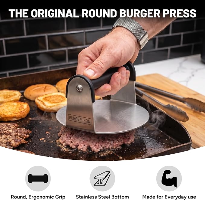Smash Press, Stainless Steel, Round Flat Bottom Tool, 6 inch | Heavy Duty Hamburger Smasher Flat Top Built For Griddle, Grill and Skillet Cooking, Backyard Kitchen Essential, Cookout Ready