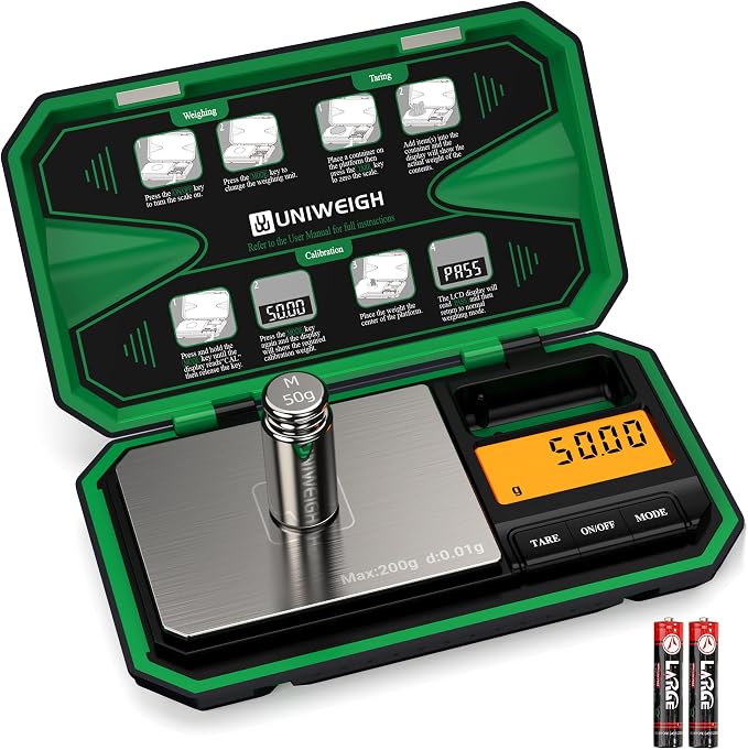 UNIWEIGH Digital Pocket Scale Precision 200g/0.01g Scale Grams Ounces | Mini Jewelry Scale, Coins Scale with 50g Cal Weights for Gold/Silver/Gems/Food,(Battery Included)-Green