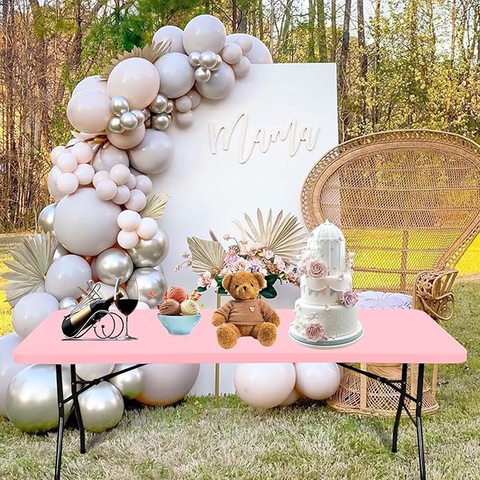 6 Pack Fitted Tablecloth for 6 Foot Rectangle Tables, Pink Elastic Outdoor Picnic Table Cover, Washable Stretch Folding Table Cloths 6 ft for Camping Party Patio Kitchen Banquet, 30" W x 72" L