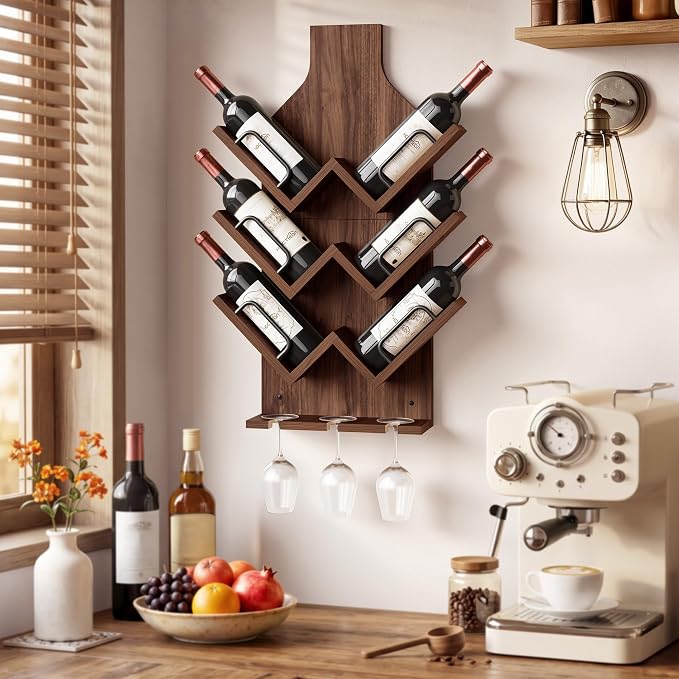 Hoctieon Wine Rack Wall Mounted, 6 Bottles Wood Wine Rack for Display and Storage, Hanging Bottle Holder Bar Shelves for Living Room, Kitchen, Dining Room, Wine Cellar, Walnut