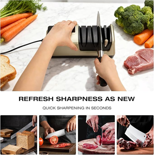 Light Blonde 5 in 1 Electric Knife Sharpener with LCD Screen for Kitchen Knives, 3 Rotational Speed Electric kitchen Knife Sharpener for Straight,Serrated, Ceramic Knives,Scissors & Axes